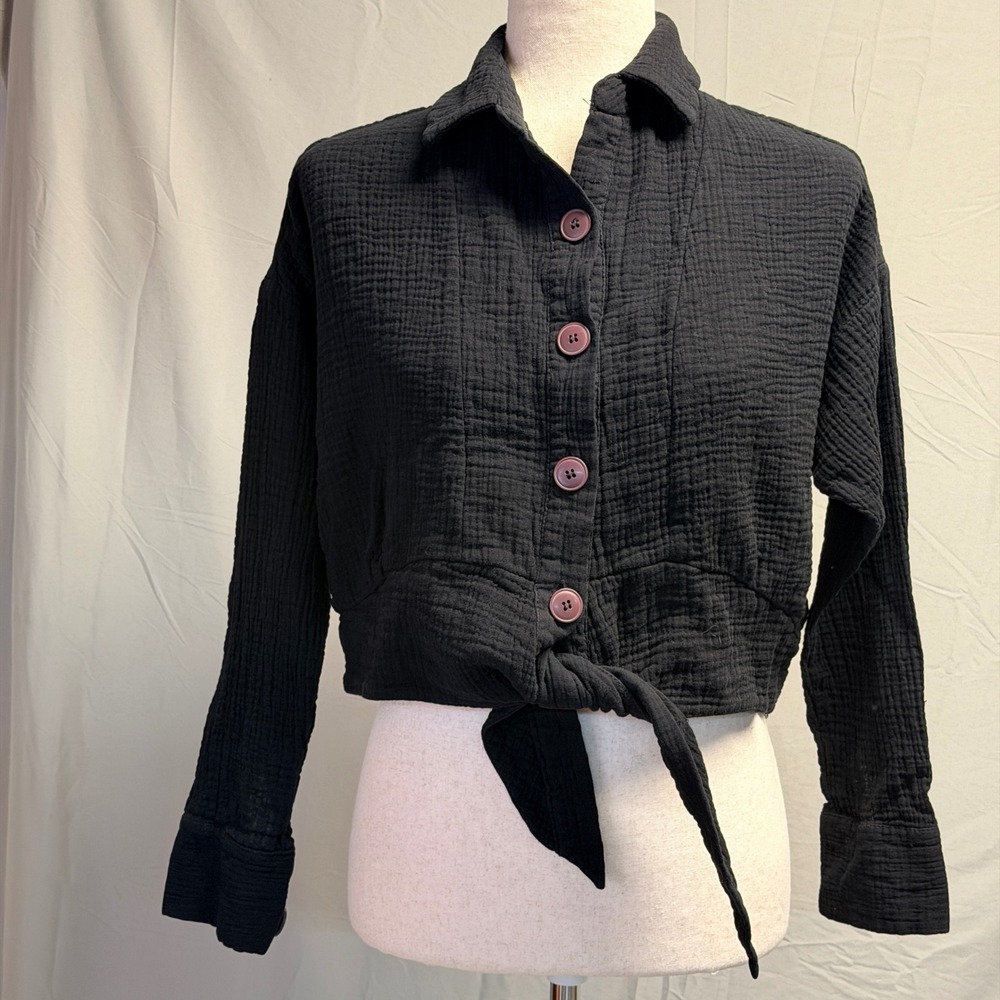 Free People Black Gauzy Cotton Cropped Tie Waist Button Down Shirt XS